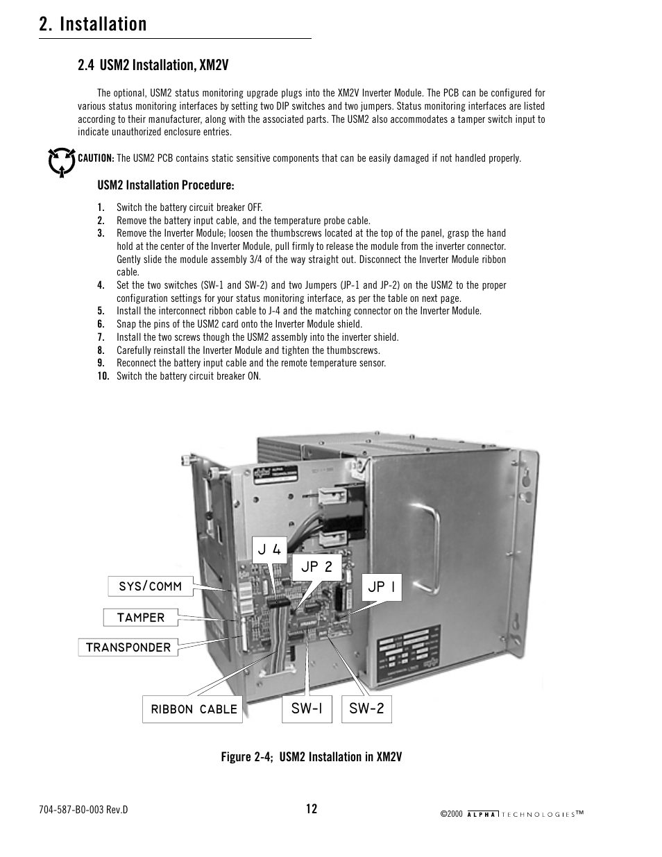 4 usm2 installation, xm2v, Figure 2-4; usm2 installation in xm2v, Installation | Alpha Technologies USM2 User Manual | Page 12 / 32