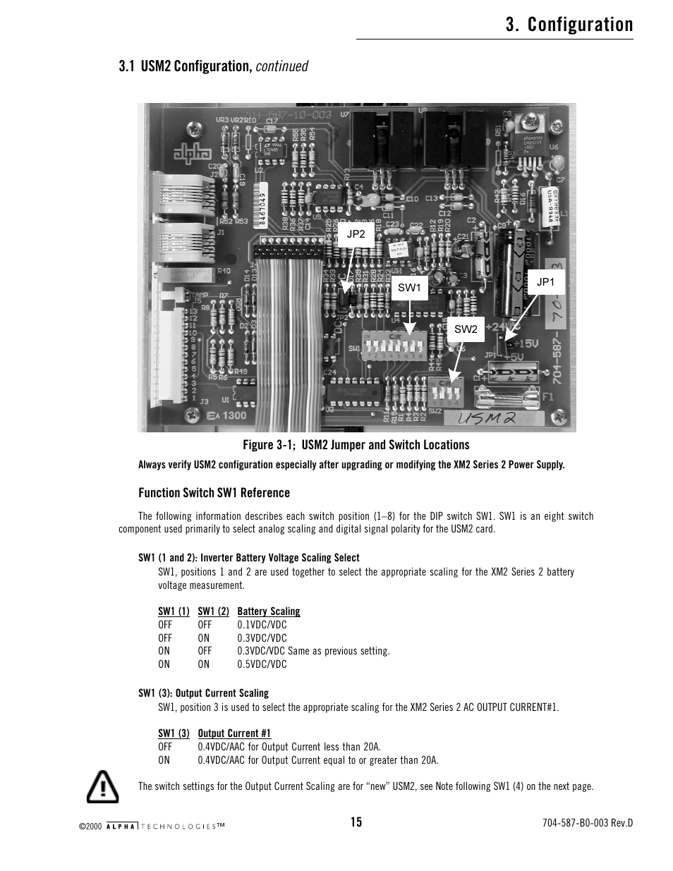 Figure 3-1; usm2 jumper and switch locations, Configuration, Continued | 1 usm2 configuration | Alpha Technologies USM2 User Manual | Page 15 / 32