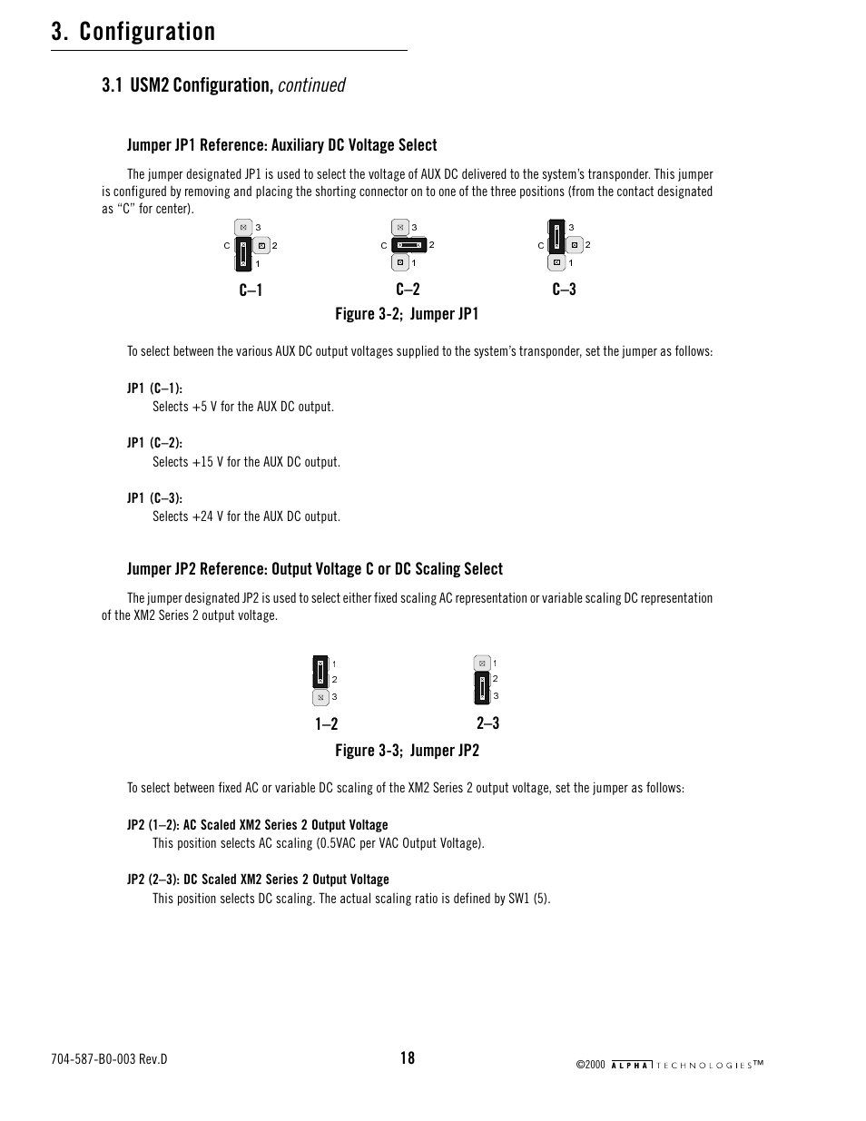 Figure 3-2; jumper jp1, Figure 3-3; jumper jp2, Figure 3-2; jumper jp1 figure 3-3; jumper jp2 | Configuration, Continued, 1 usm2 configuration, Jumper jp1 reference: auxiliary dc voltage select | Alpha Technologies USM2 User Manual | Page 18 / 32