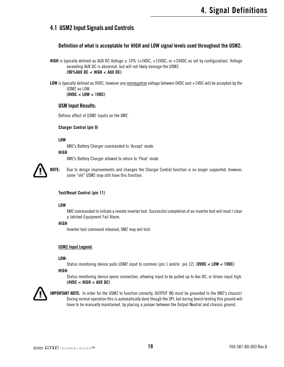 Signal definitions, 1 usm2 input signals and controls | Alpha Technologies USM2 User Manual | Page 19 / 32
