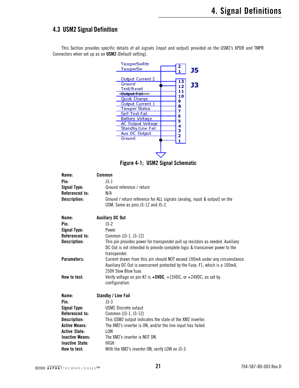 3 usm2 signal definition, Figure 4-1; usm2 signal schematic, Signal definitions | Alpha Technologies USM2 User Manual | Page 21 / 32