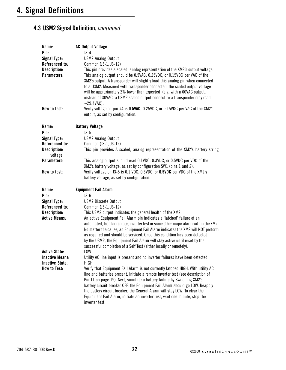 Signal definitions, Continued, 3 usm2 signal definition | Alpha Technologies USM2 User Manual | Page 22 / 32