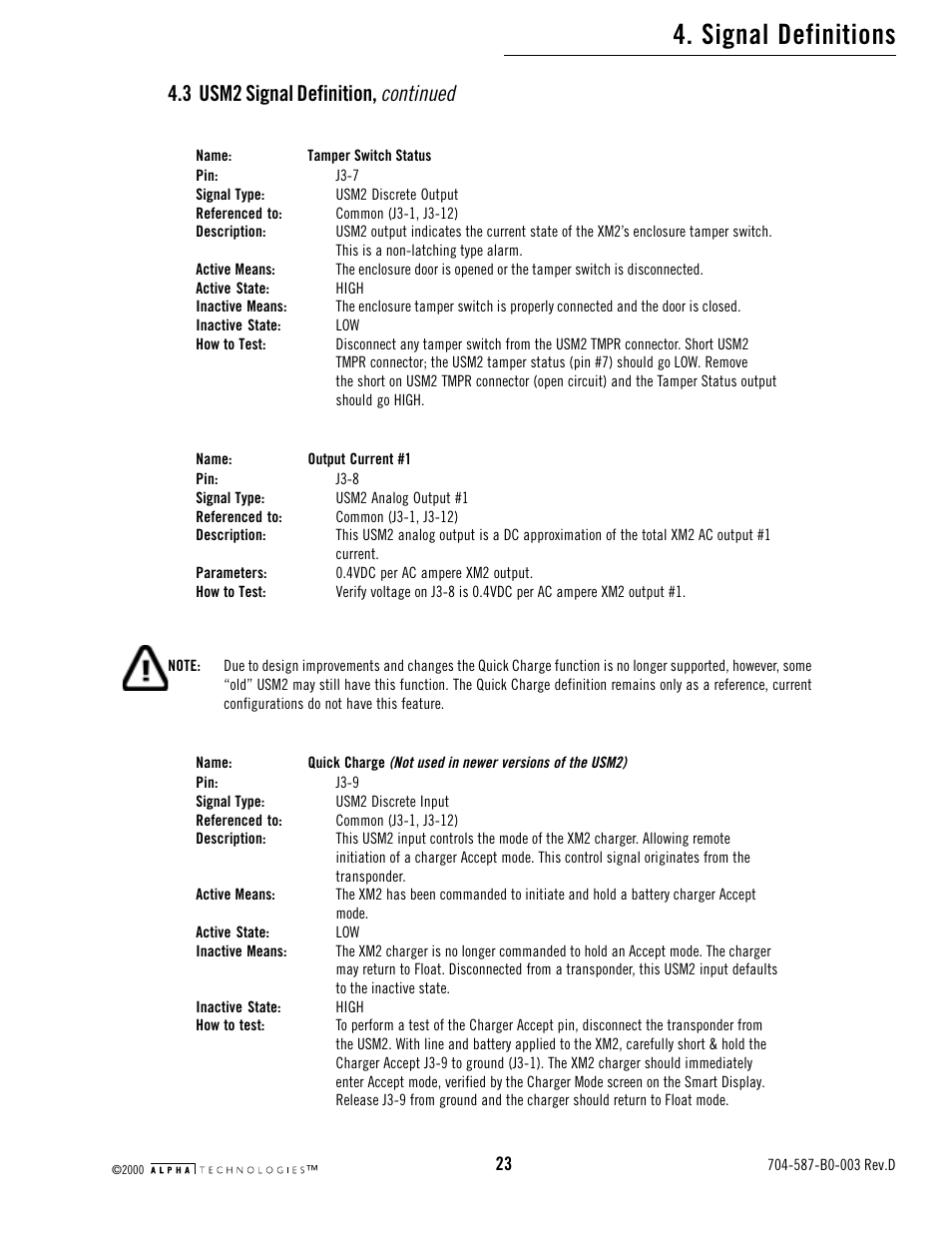 Signal definitions, Continued, 3 usm2 signal definition | Alpha Technologies USM2 User Manual | Page 23 / 32