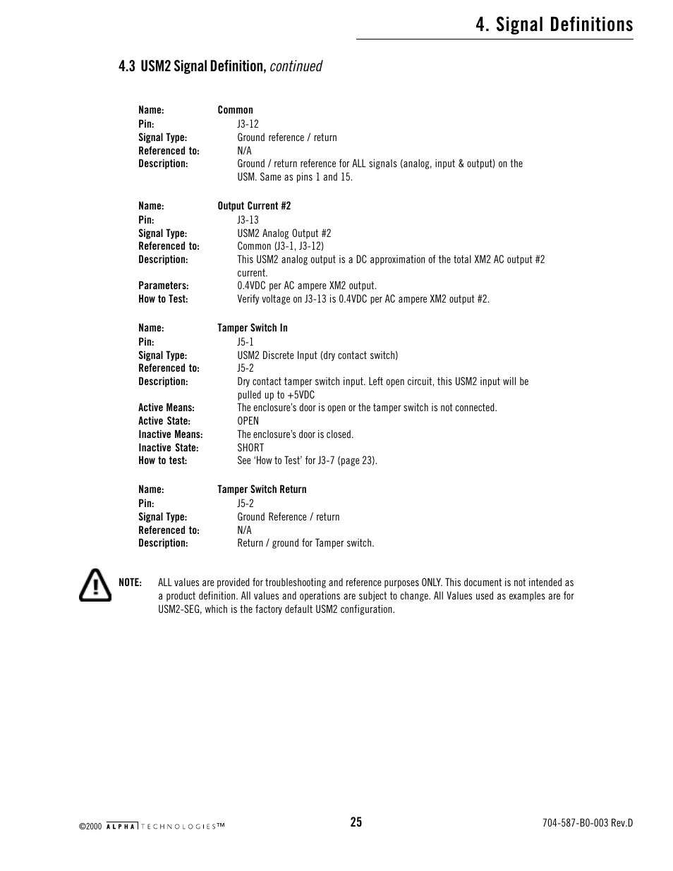 Signal definitions, Continued, 3 usm2 signal definition | Alpha Technologies USM2 User Manual | Page 25 / 32