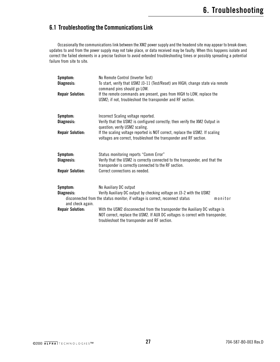 Troubleshooting, 1 troubleshooting the communications link | Alpha Technologies USM2 User Manual | Page 27 / 32