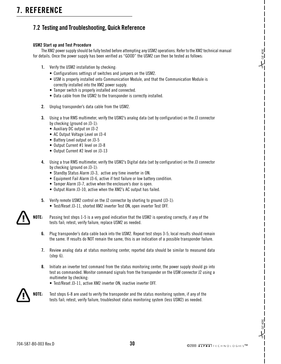 2 testing and troubleshooting, quick reference, Reference | Alpha Technologies USM2 User Manual | Page 30 / 32