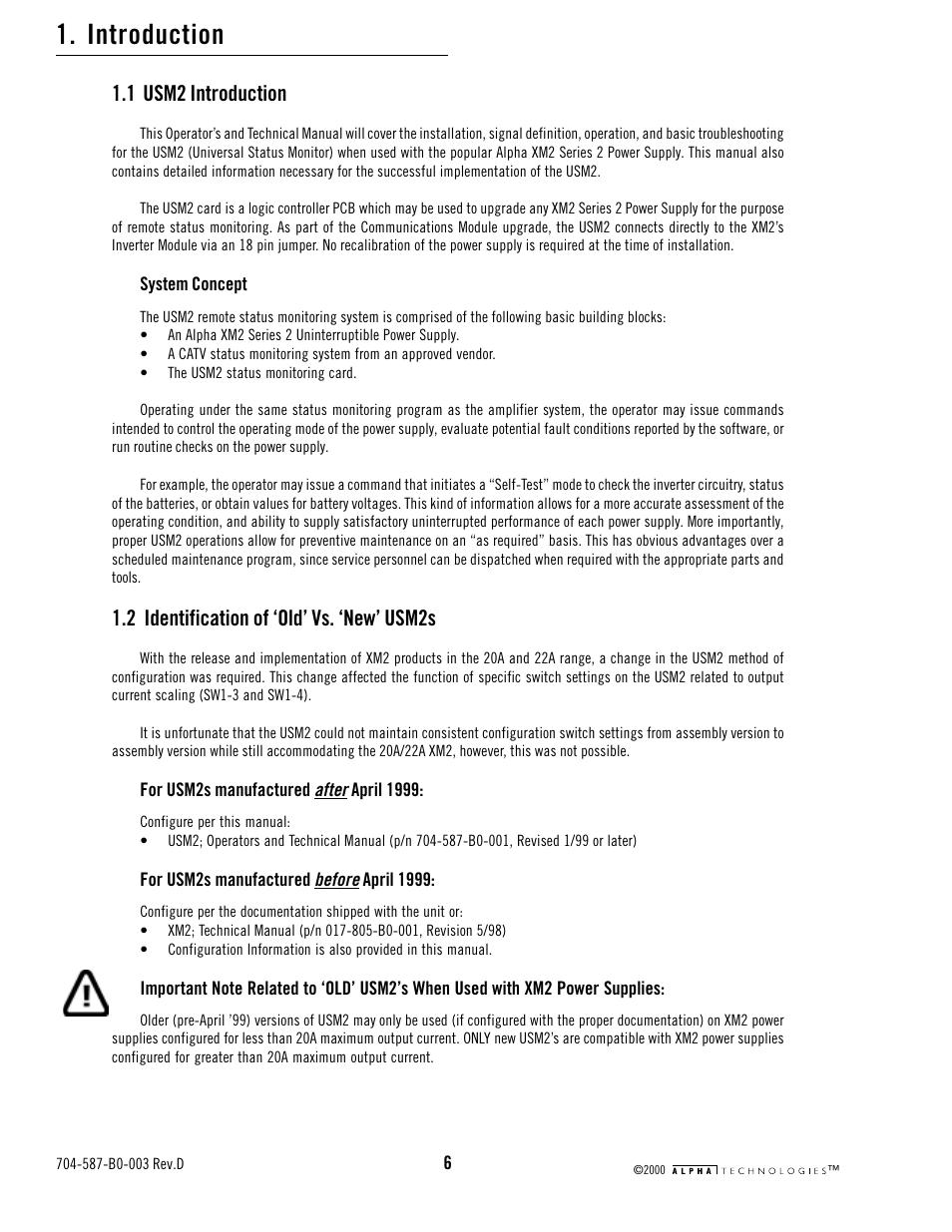 Introduction, 1 usm2 introduction, 2 identification of 'old' vs 'new' usm2s | 2 identification of ‘old’ vs. ‘new’ usm2s | Alpha Technologies USM2 User Manual | Page 6 / 32