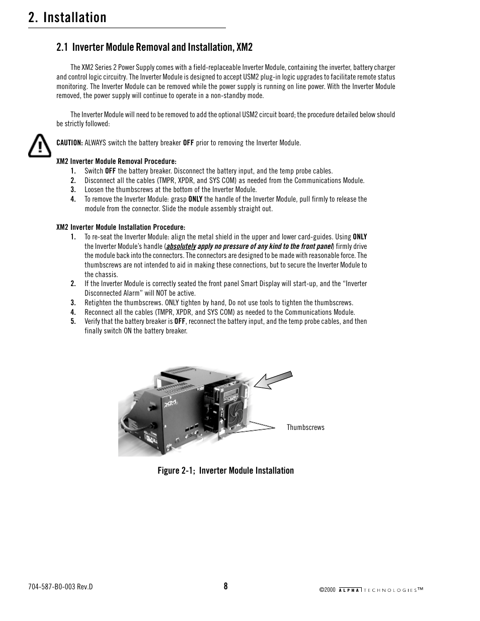 Installation, 1 inverter module removal and installation, xm2, Figure 2-1; inverter module installation | Alpha Technologies USM2 User Manual | Page 8 / 32