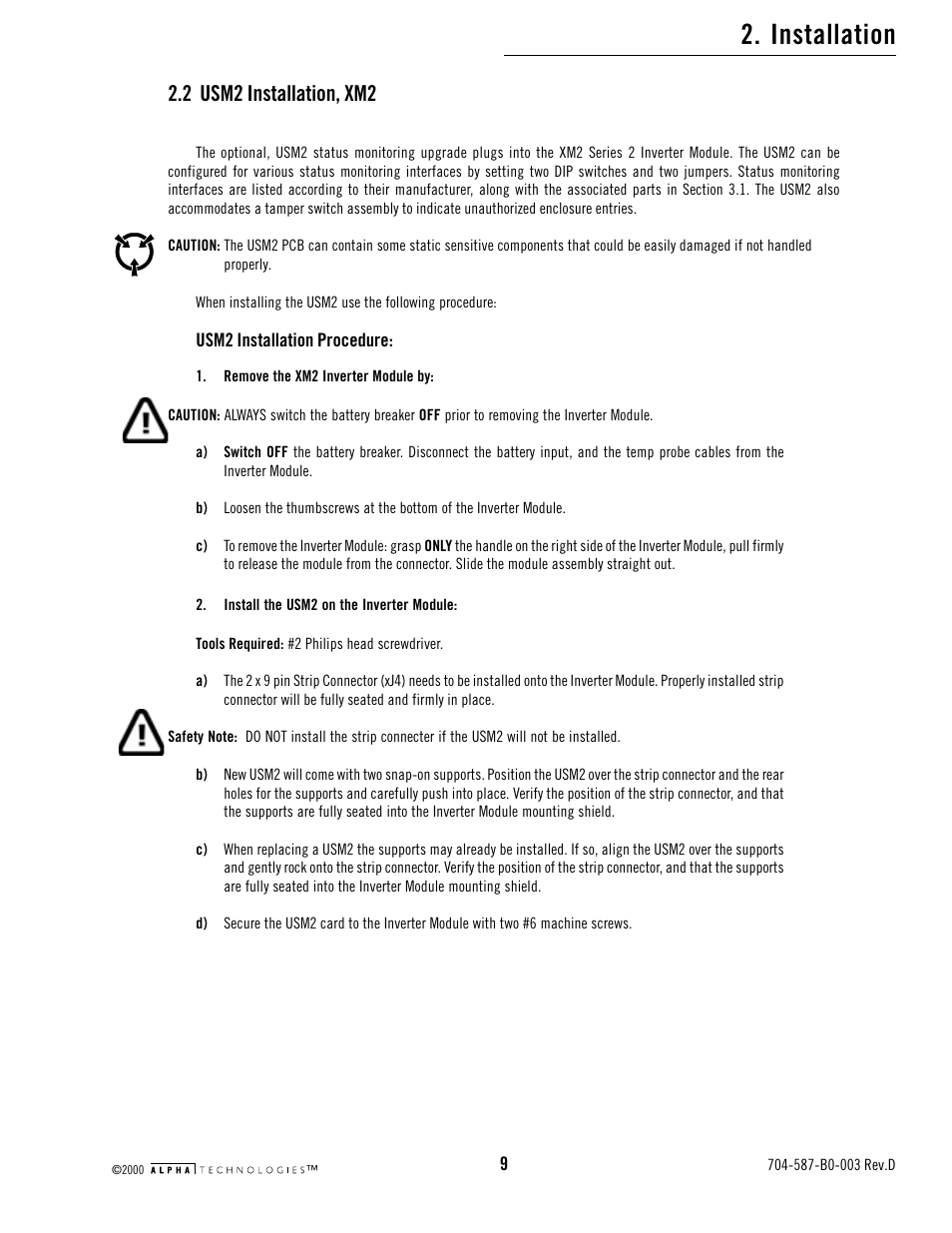 2 usm2 installation, xm2, Installation | Alpha Technologies USM2 User Manual | Page 9 / 32