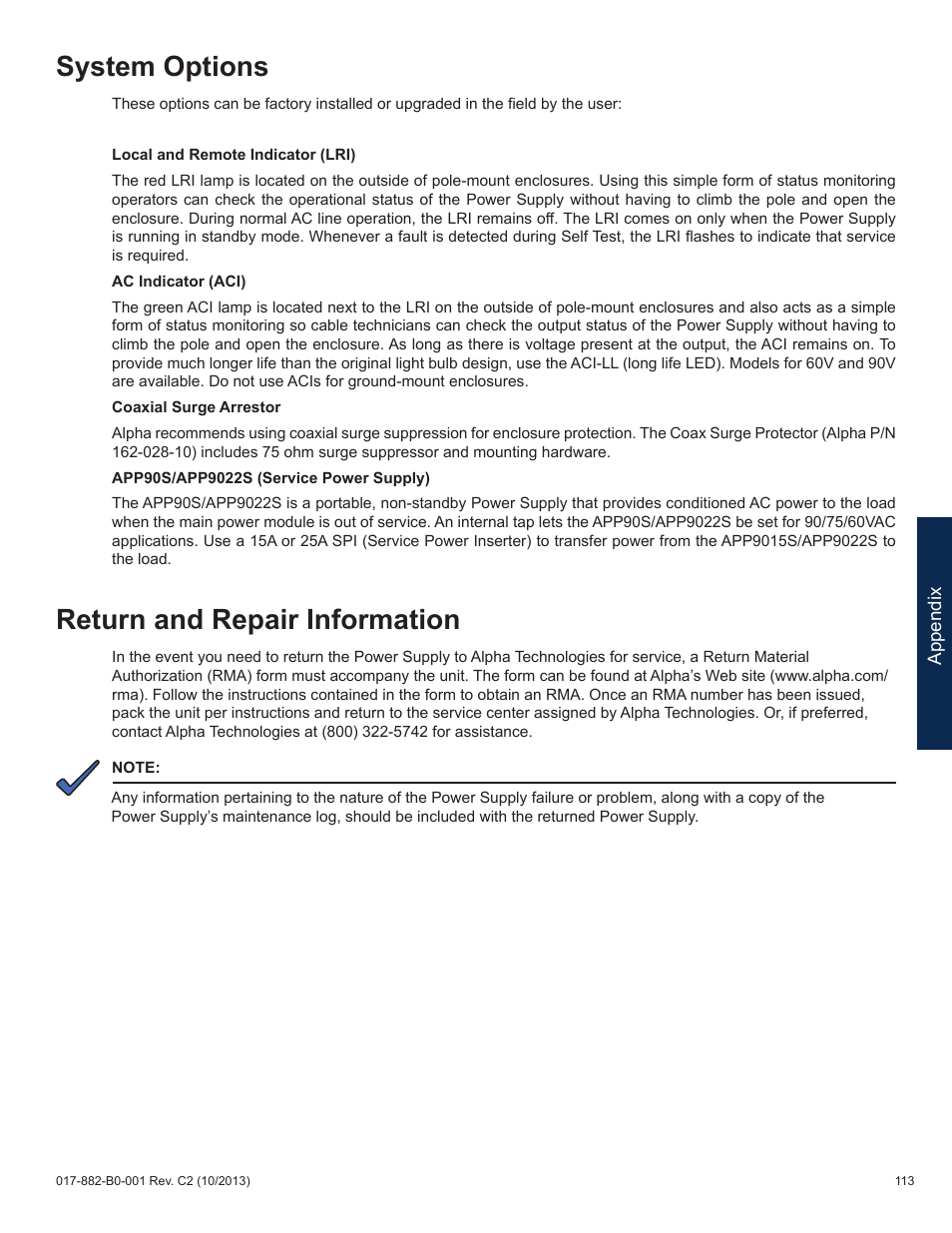 System options, Return and repair information | Alpha Technologies XM3-HP Series - Technical Manual User Manual | Page 113 / 116