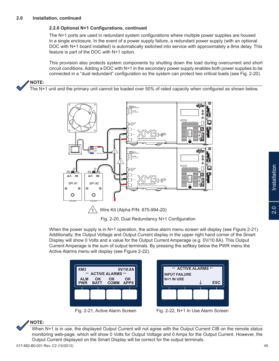 0 installation, Alm/ rdy, Reg ds act lnk blue = warn red = out grn = ok | Input failure n+1 in use | Alpha Technologies XM3-HP Series - Technical Manual User Manual | Page 45 / 116