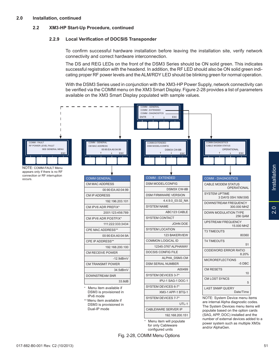 0 installation, Fig. 2-28, comm menu options | Alpha Technologies XM3-HP Series - Technical Manual User Manual | Page 51 / 116