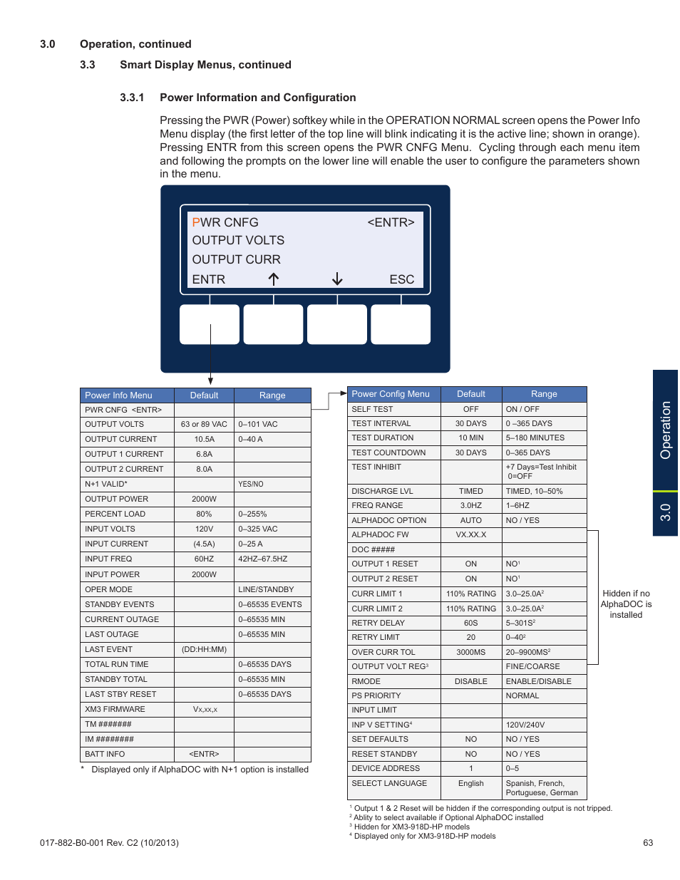 0 operation, Pwr cnfg <entr> output volts output curr entr esc, 0 operation, continued | Alpha Technologies XM3-HP Series - Technical Manual User Manual | Page 63 / 116
