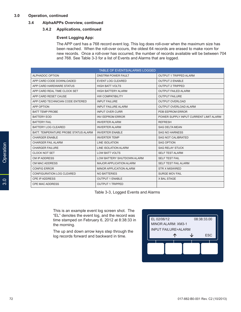 0 operation, Table 3-3, logged events and alarms | Alpha Technologies XM3-HP Series - Technical Manual User Manual | Page 72 / 116