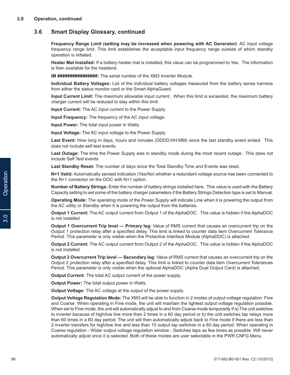 0 operation, 6 smart display glossary, continued | Alpha Technologies XM3-HP Series - Technical Manual User Manual | Page 86 / 116