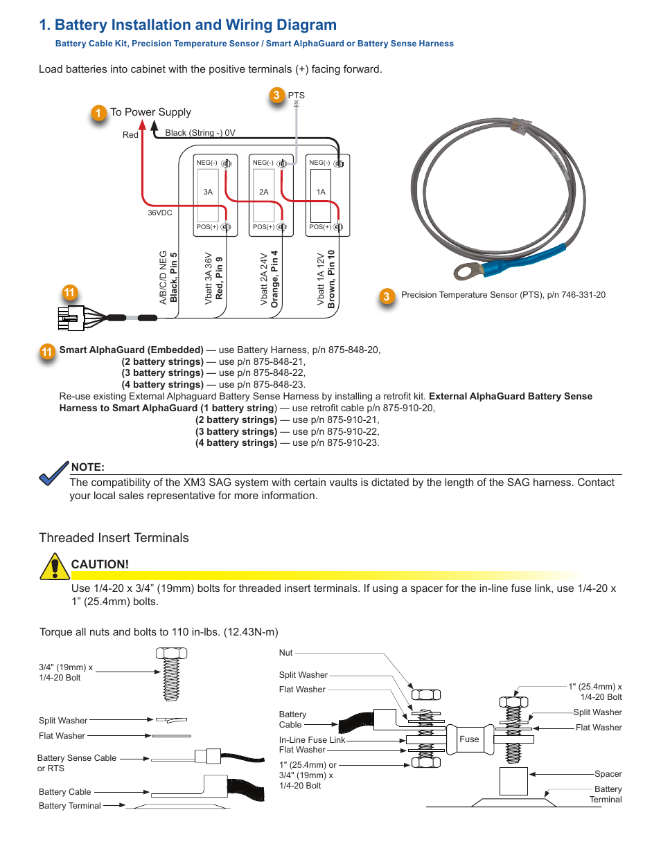 Battery installation and wiring diagram, Threaded insert terminals, Caution | Alpha Technologies XM3-HP Series - Quick Start Guide User Manual | Page 2 / 6