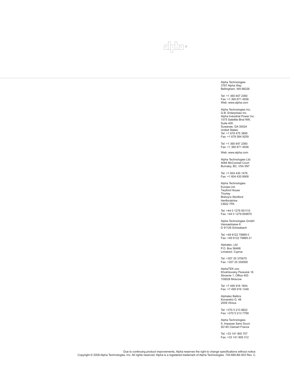 Power, Alpha technologies | Alpha Technologies Battery Racks User Manual | Page 16 / 16
