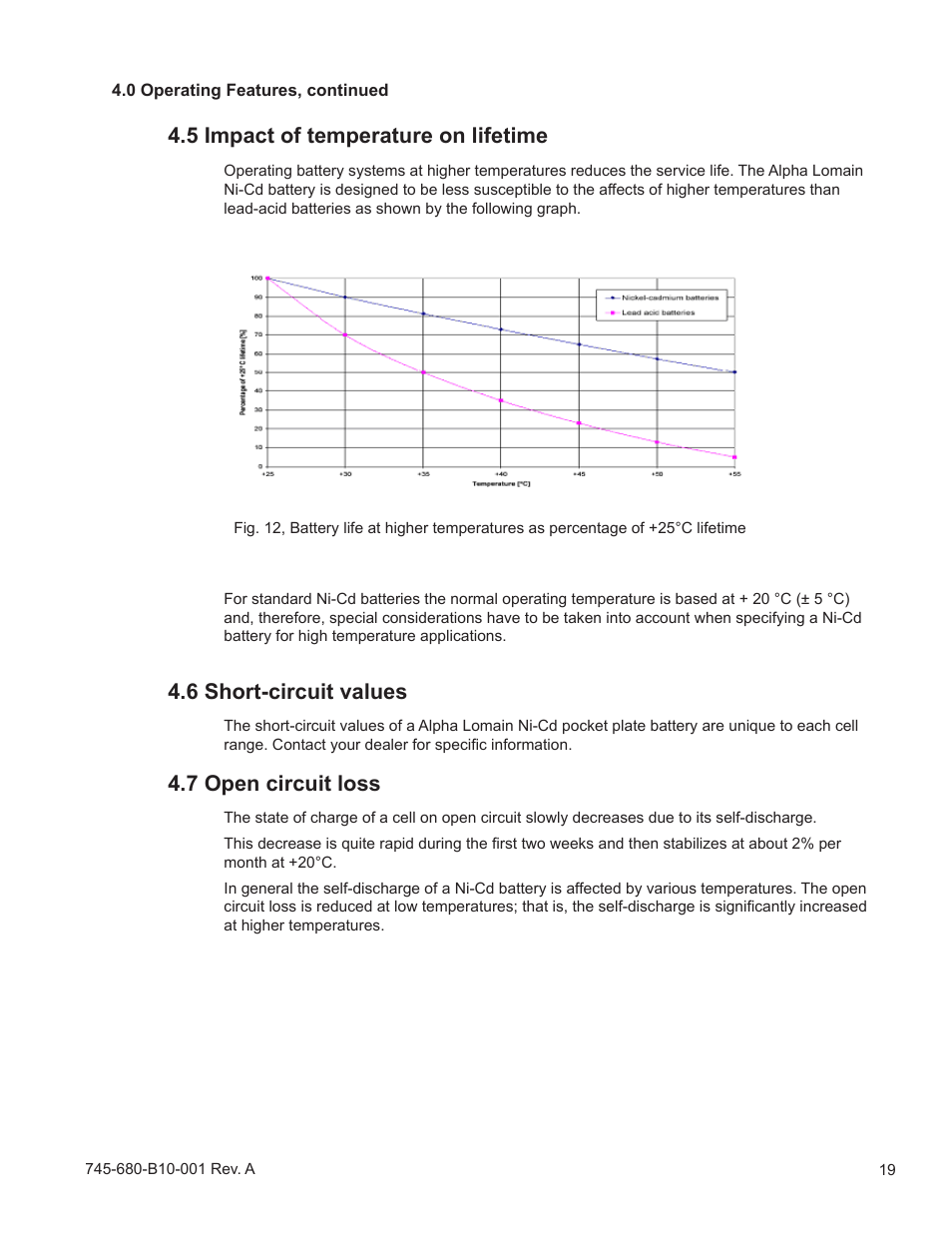 5 impact of temperature on lifetime, 6 short-circuit values, 7 open circuit loss | Alpha Technologies Lomain Ni-Cd Pocket Plate Battery User Manual | Page 19 / 30
