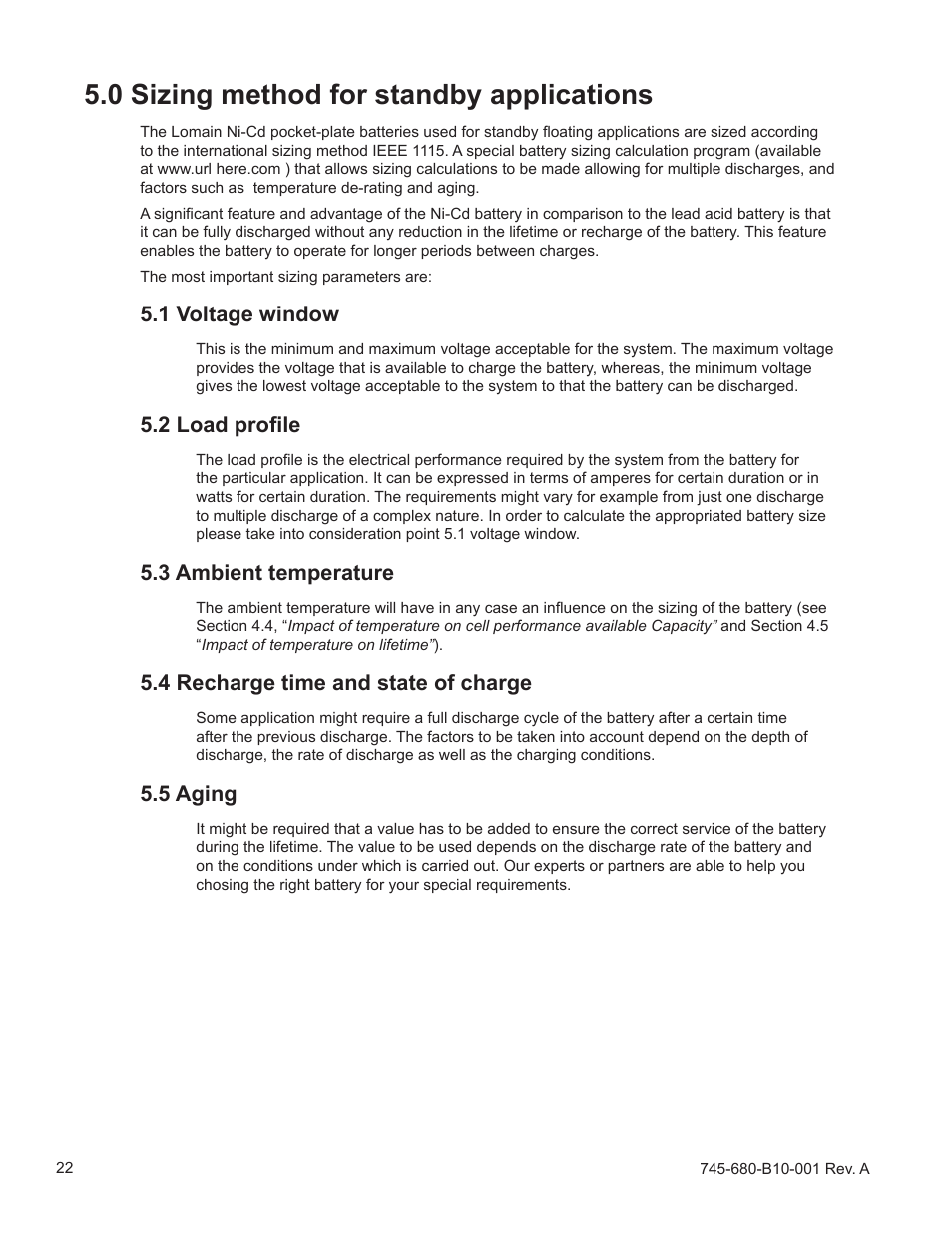 0 sizing method for standby applications, 1 voltage window, 2 load profile | 3 ambient temperature, 4 recharge time and state of charge, 5 aging | Alpha Technologies Lomain Ni-Cd Pocket Plate Battery User Manual | Page 22 / 30