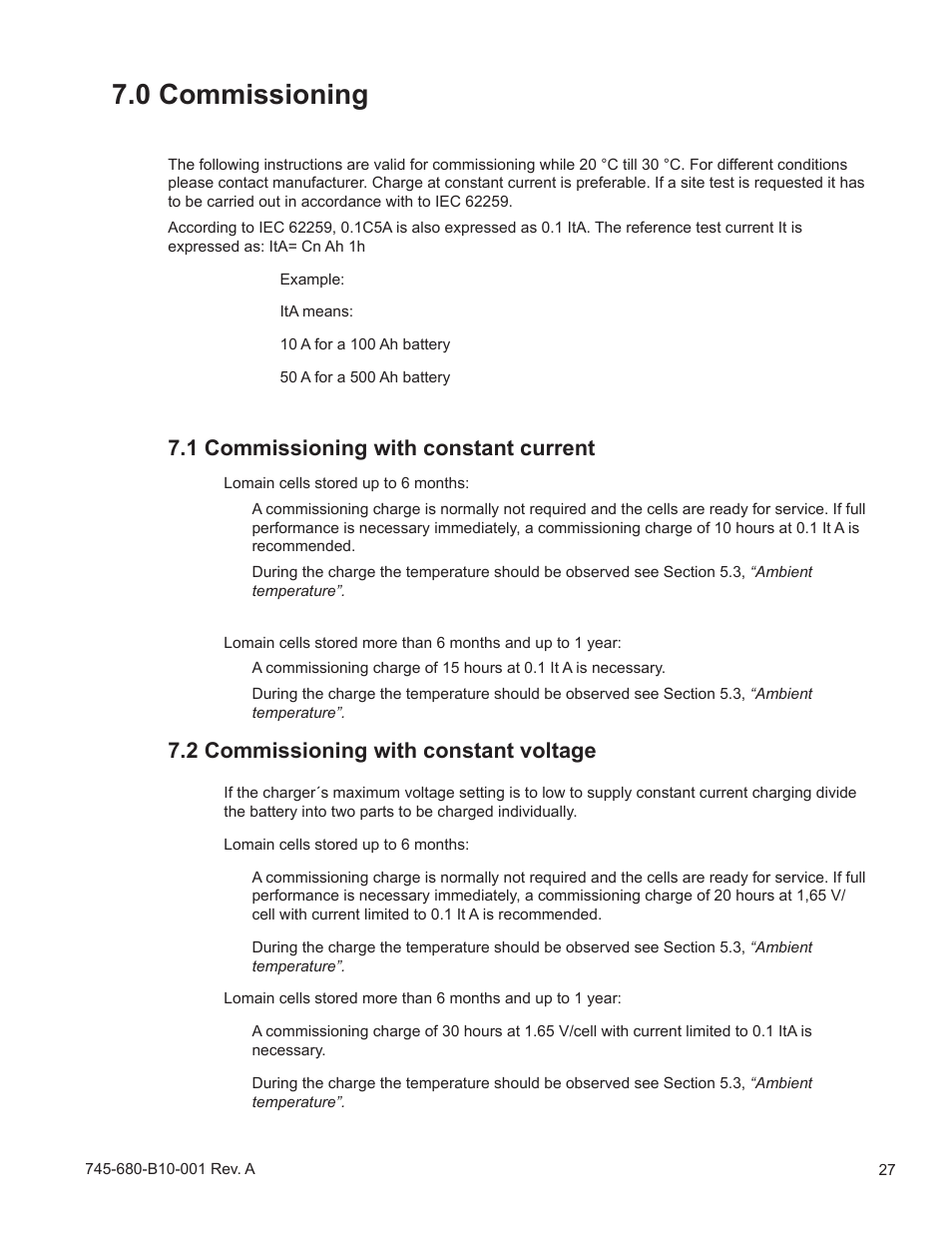 0 commissioning, 1 commissioning with constant current, 2 commissioning with constant voltage | Alpha Technologies Lomain Ni-Cd Pocket Plate Battery User Manual | Page 27 / 30