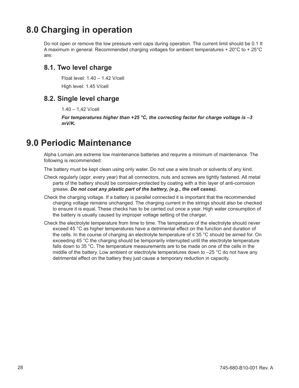 0 charging in operation, 0 periodic maintenance, Two level charge | Single level charge | Alpha Technologies Lomain Ni-Cd Pocket Plate Battery User Manual | Page 28 / 30