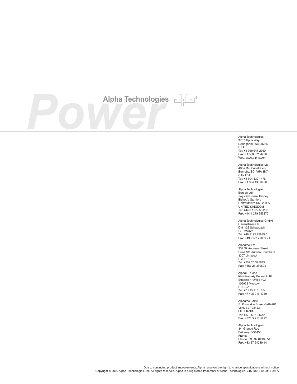 Power, Alpha technologies | Alpha Technologies Lomain Ni-Cd Pocket Plate Battery User Manual | Page 30 / 30