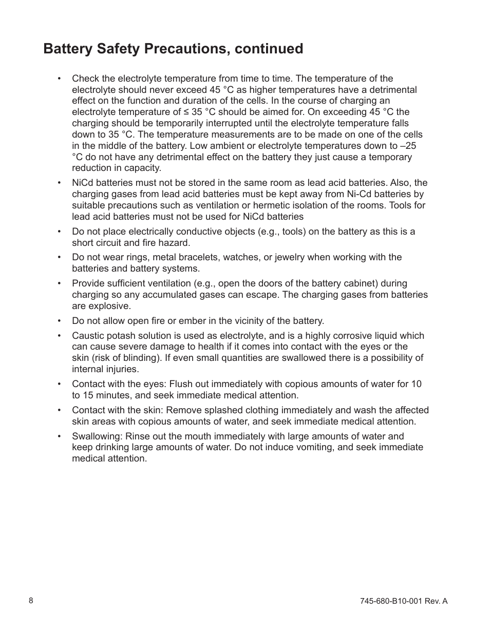 Battery safety precautions, continued | Alpha Technologies Lomain Ni-Cd Pocket Plate Battery User Manual | Page 8 / 30
