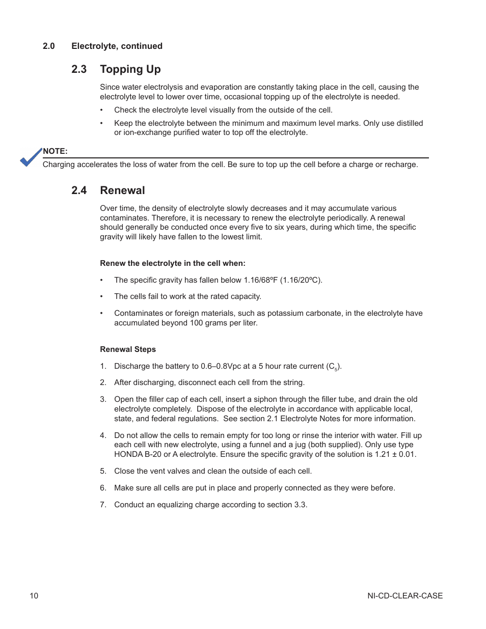 3 topping up, 4 renewal, Topping up | Renewal | Alpha Technologies Nickel Cadmium Clear Case - Technical Manual User Manual | Page 10 / 24