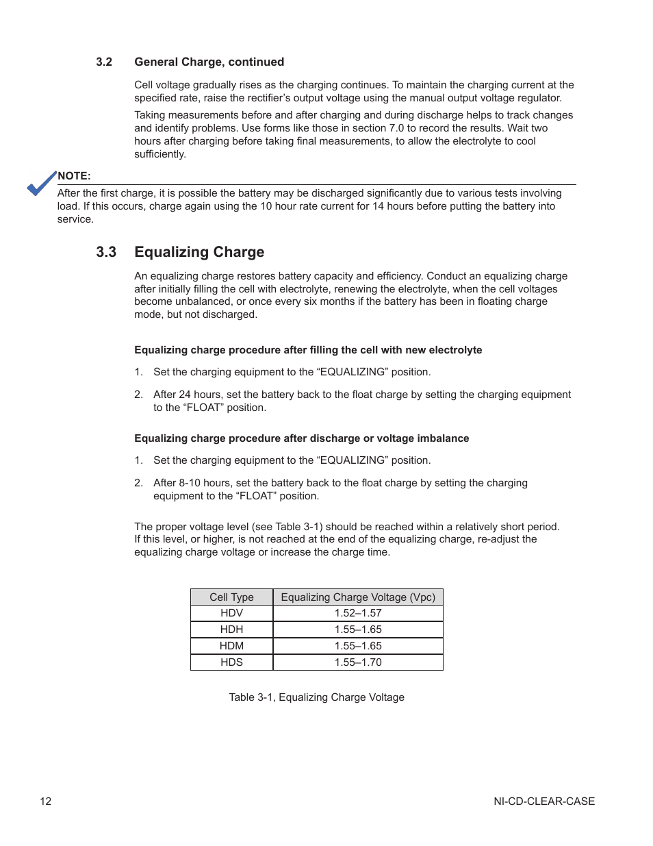3 equalizing charge, Equalizing charge, Table 3-1, equalizing charge voltage | Alpha Technologies Nickel Cadmium Clear Case - Technical Manual User Manual | Page 12 / 24