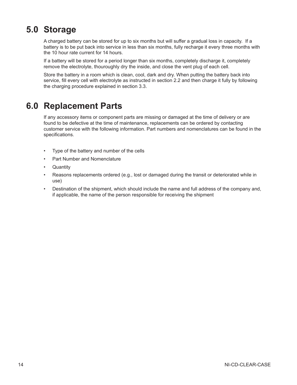 0 storage, 0 replacement parts, Storage | Replacement parts | Alpha Technologies Nickel Cadmium Clear Case - Technical Manual User Manual | Page 14 / 24