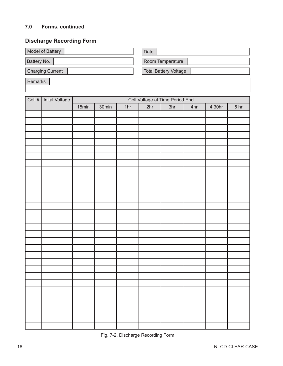 Fig. 7-2, discharge recording form | Alpha Technologies Nickel Cadmium Clear Case - Technical Manual User Manual | Page 16 / 24