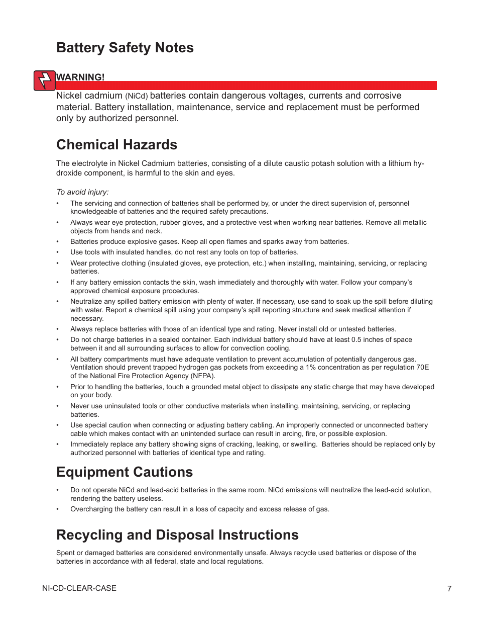 Chemical hazards, Equipment cautions | Alpha Technologies Nickel Cadmium Clear Case - Technical Manual User Manual | Page 7 / 24