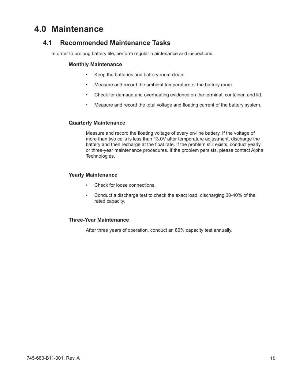 0 maintenance, 1 recommended maintenance tasks | Alpha Technologies AlphaCellTM SMU-C Series User Manual | Page 15 / 32