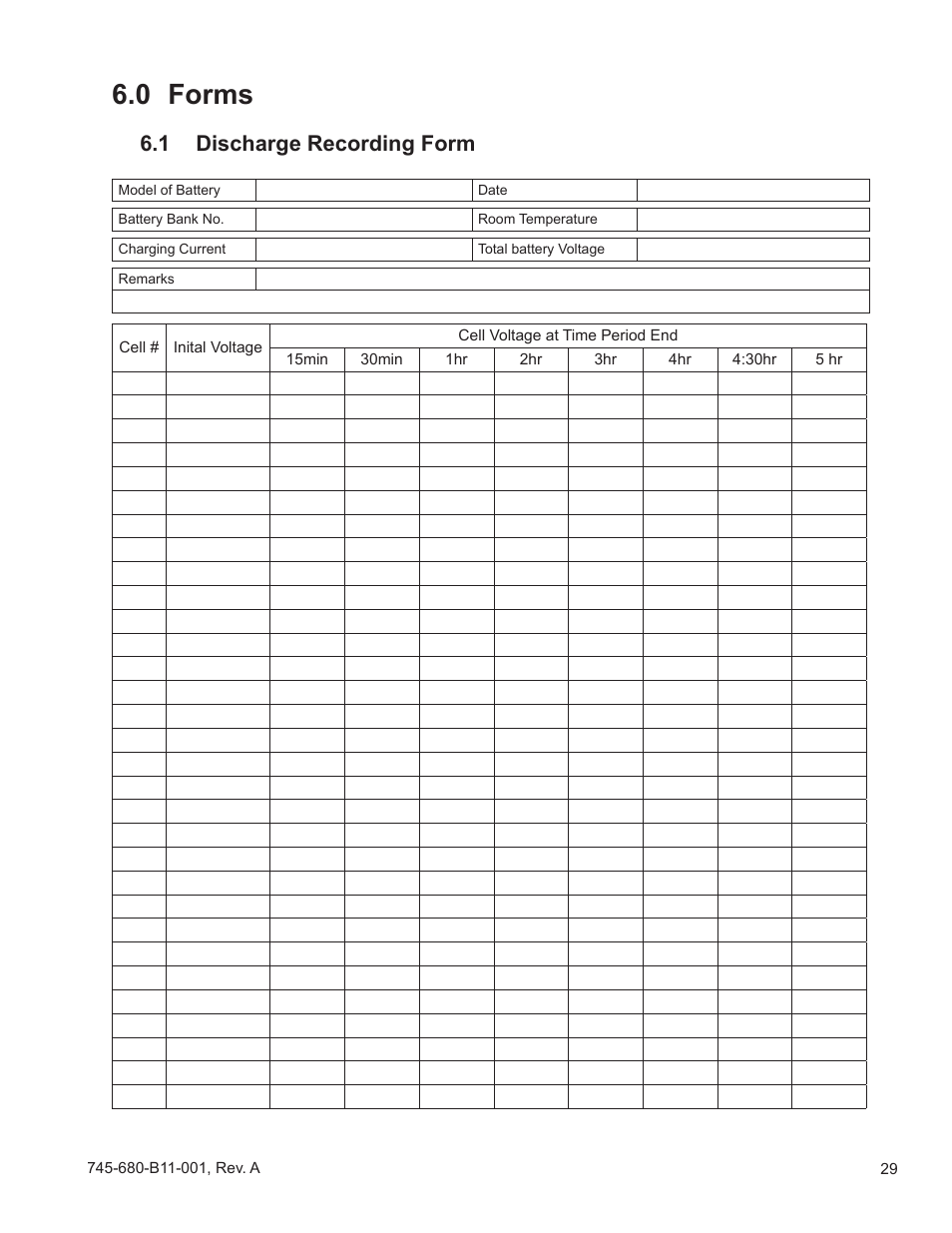 0 forms, 1 discharge recording form | Alpha Technologies AlphaCellTM SMU-C Series User Manual | Page 29 / 32