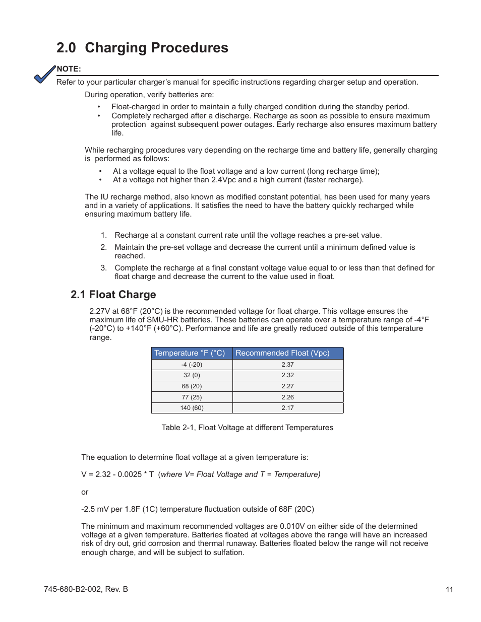 0 charging procedures, 1 float charge | Alpha Technologies AlphaCell SMU-HR User Manual | Page 11 / 23