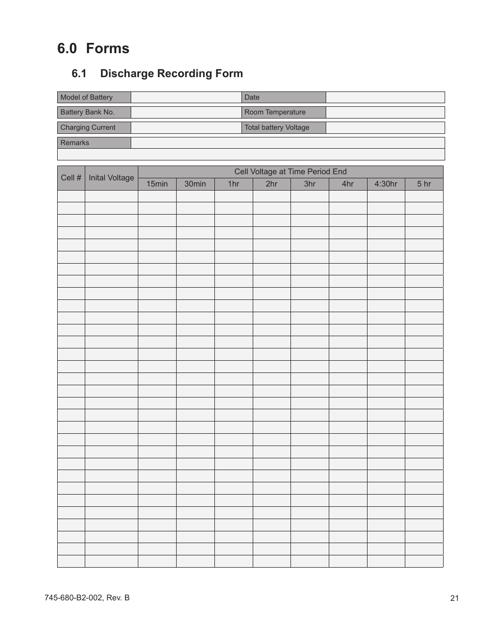 0 forms, 1 discharge recording form | Alpha Technologies AlphaCell SMU-HR User Manual | Page 21 / 23
