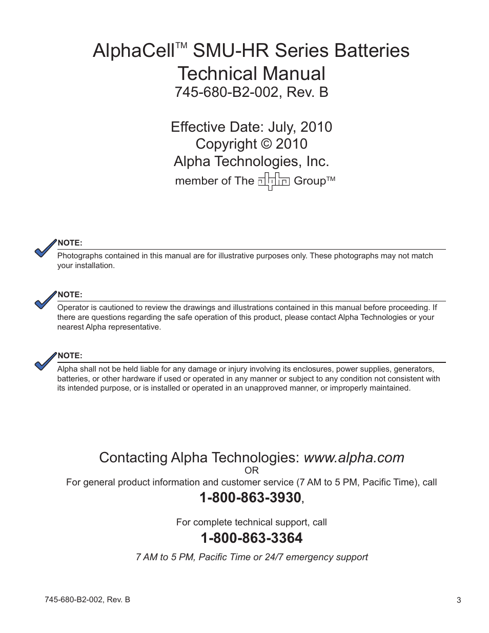 Alphacell, Smu-hr series batteries technical manual | Alpha Technologies AlphaCell SMU-HR User Manual | Page 3 / 23