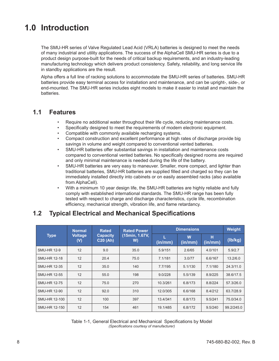 0 introduction, 1 features, 2 typical electrical and mechanical specifications | Alpha Technologies AlphaCell SMU-HR User Manual | Page 8 / 23