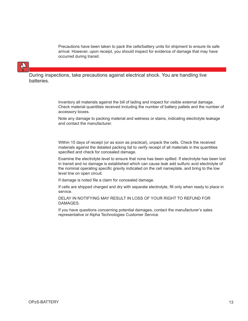 0 inspecting the battery shipment | Alpha Technologies AlphaCell OPzS User Manual | Page 13 / 46