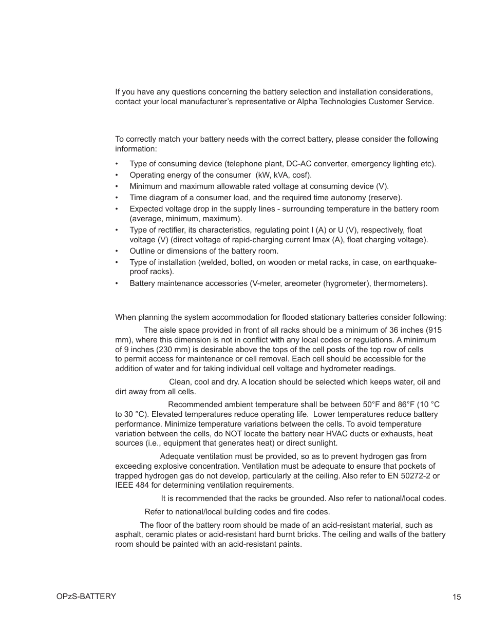 0 selection and accommodation considerations, 1 general, 2 battery selection | 3 accommodation considerations | Alpha Technologies AlphaCell OPzS User Manual | Page 15 / 46