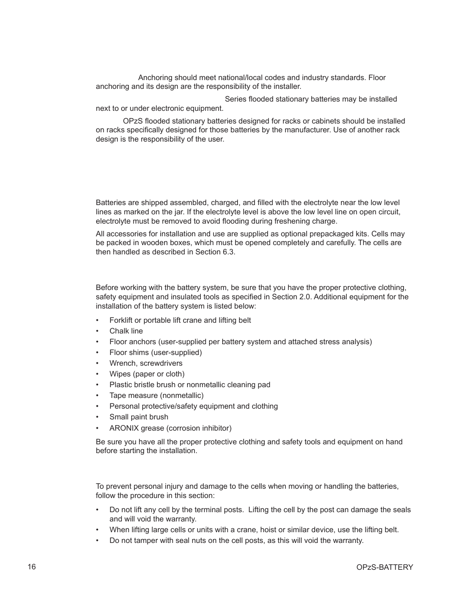 0 unpacking and handling for installation, 1 general, 2 recommended installation equipment and supplies | 3 cell handling | Alpha Technologies AlphaCell OPzS User Manual | Page 16 / 46