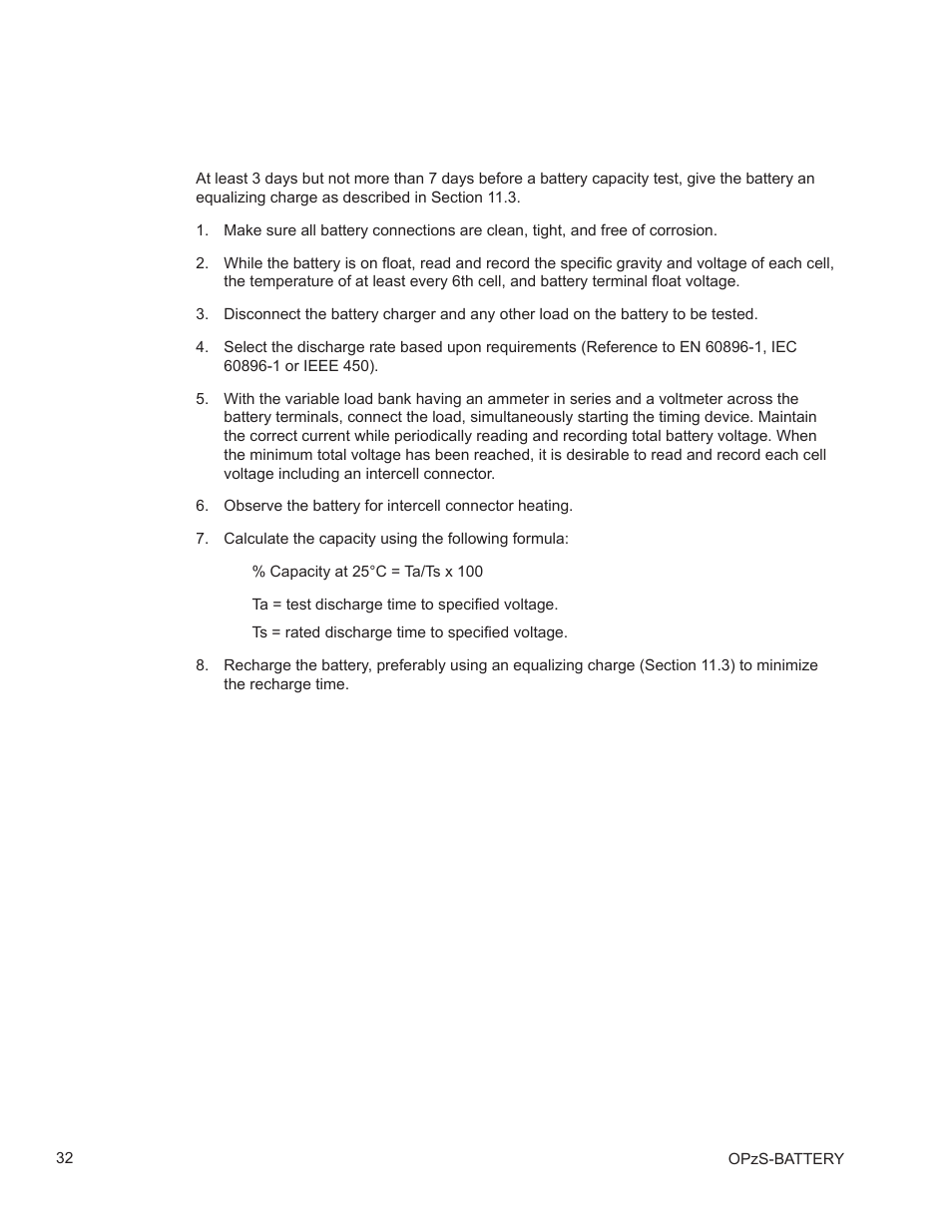 0 test procedures, 1 procedure for battery capacity tests | Alpha Technologies AlphaCell OPzS User Manual | Page 32 / 46
