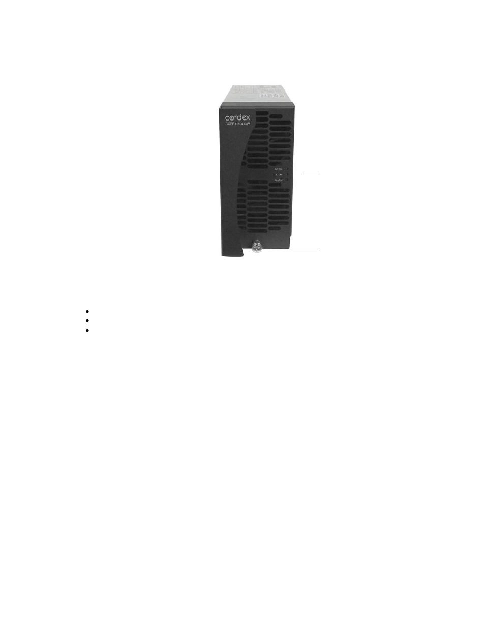 Rectifier features, Front panel, Leds | Ac on, Dc on, Alarm, Ectifier, Eatures, Figure 1–cordex 125-4.4kw rectifier front panel, 2 rectifier features | Alpha Technologies Cordex 125-4.4kW User Manual | Page 16 / 36