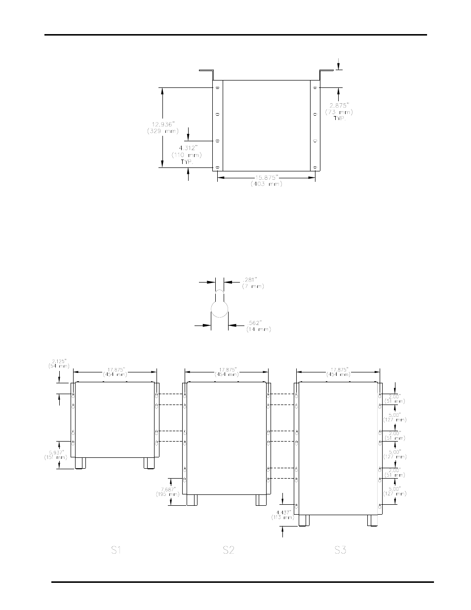 Figure 5.1: bottom mounting hole dimensions, 2 wall mounting, Figure 5.2-1: keyhole dimensions | Figure 5.2-2: charger wall mounting holes | Alpha Technologies Spectra Series User Manual | Page 11 / 62