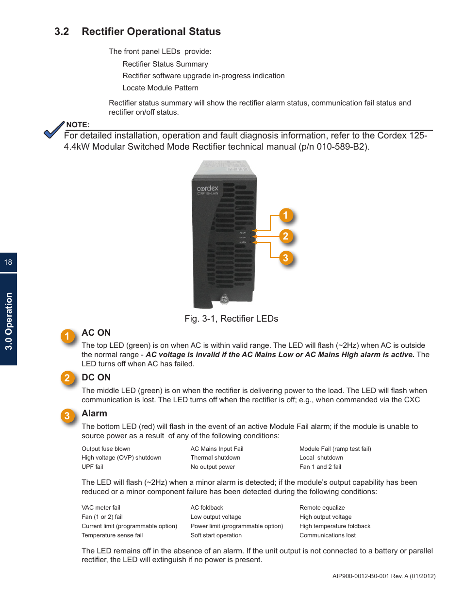 2 rectifier operational status, Ac on, Dc on | Alarm, Fig. 3-1, rectifier leds 3.0 operation | Alpha Technologies ACS HP Series User Manual | Page 18 / 24