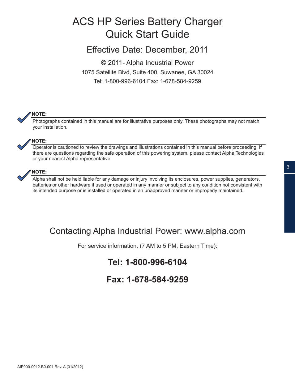 Preliminary, Acs hp series battery charger quick start guide, Effective date: december, 2011 | Alpha Technologies ACS HP Series User Manual | Page 3 / 24