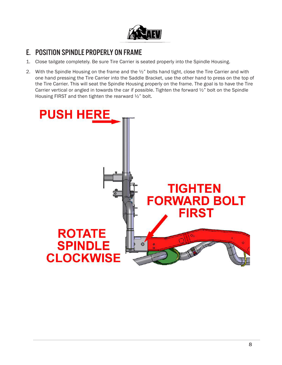 E. position spindle properly on frame | American Expedition Vehicles JK Rear Bumper/Tire Carrier User Manual | Page 10 / 19