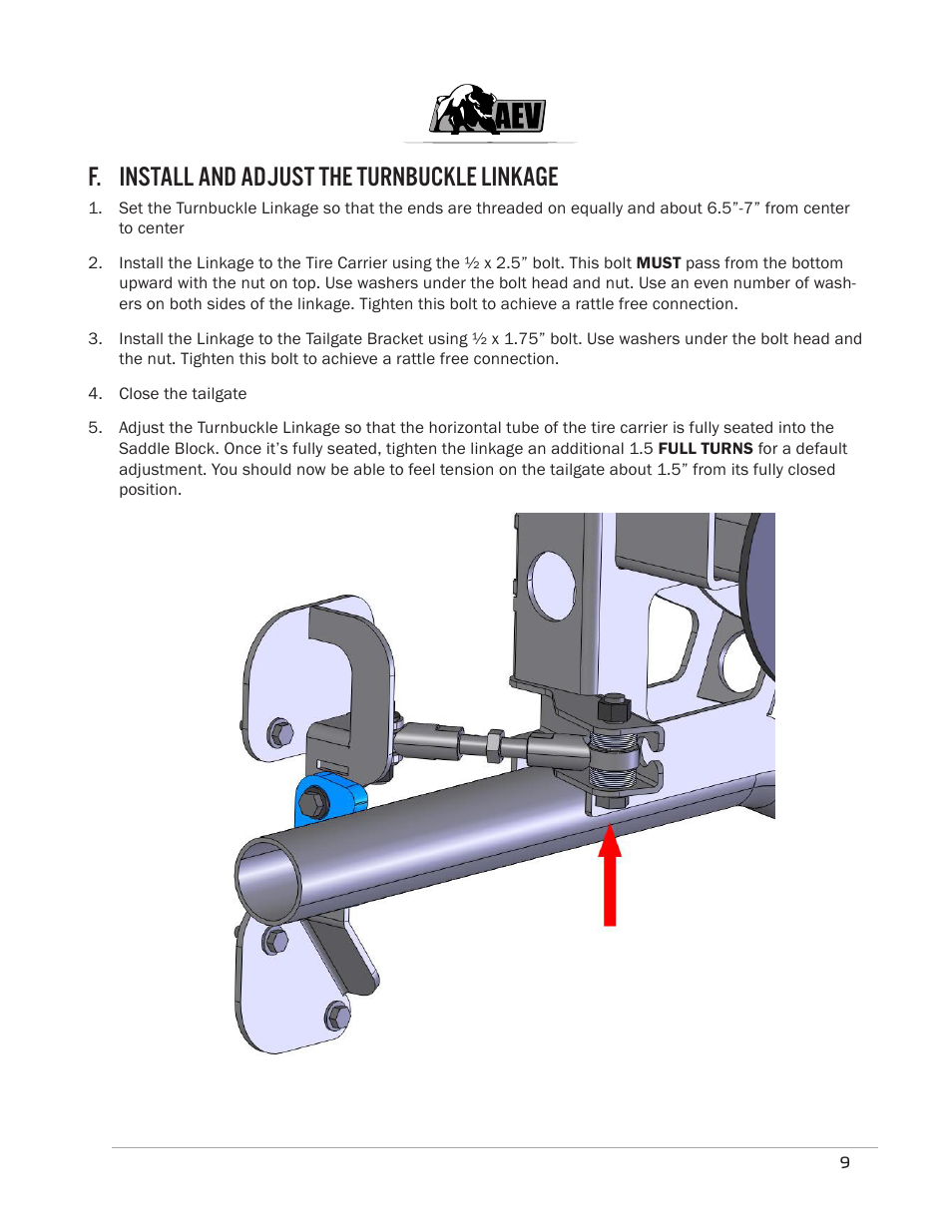 F. install and adjust the turnbuckle linkage | American Expedition Vehicles JK Rear Bumper/Tire Carrier User Manual | Page 11 / 19