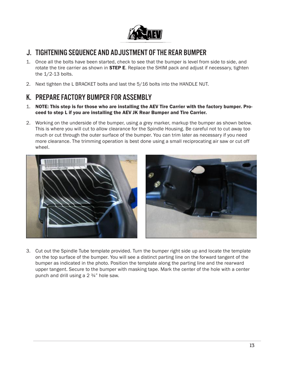 K. prepare factory bumper for assembly | American Expedition Vehicles JK Rear Bumper/Tire Carrier User Manual | Page 15 / 19