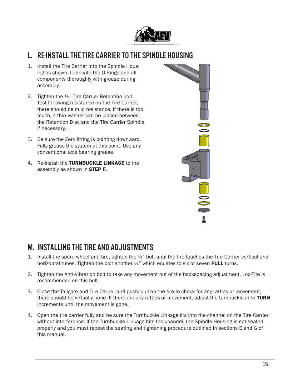 M. installing the tire and adjustments | American Expedition Vehicles JK Rear Bumper/Tire Carrier User Manual | Page 17 / 19